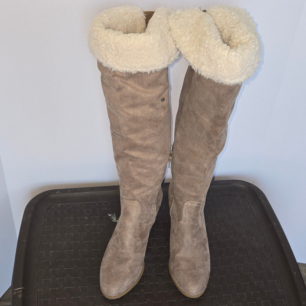 Sugar Winkle Tall Faux Fur Lined Boots Womens 7.5 Taupe Block Heel SGR-WINKIE